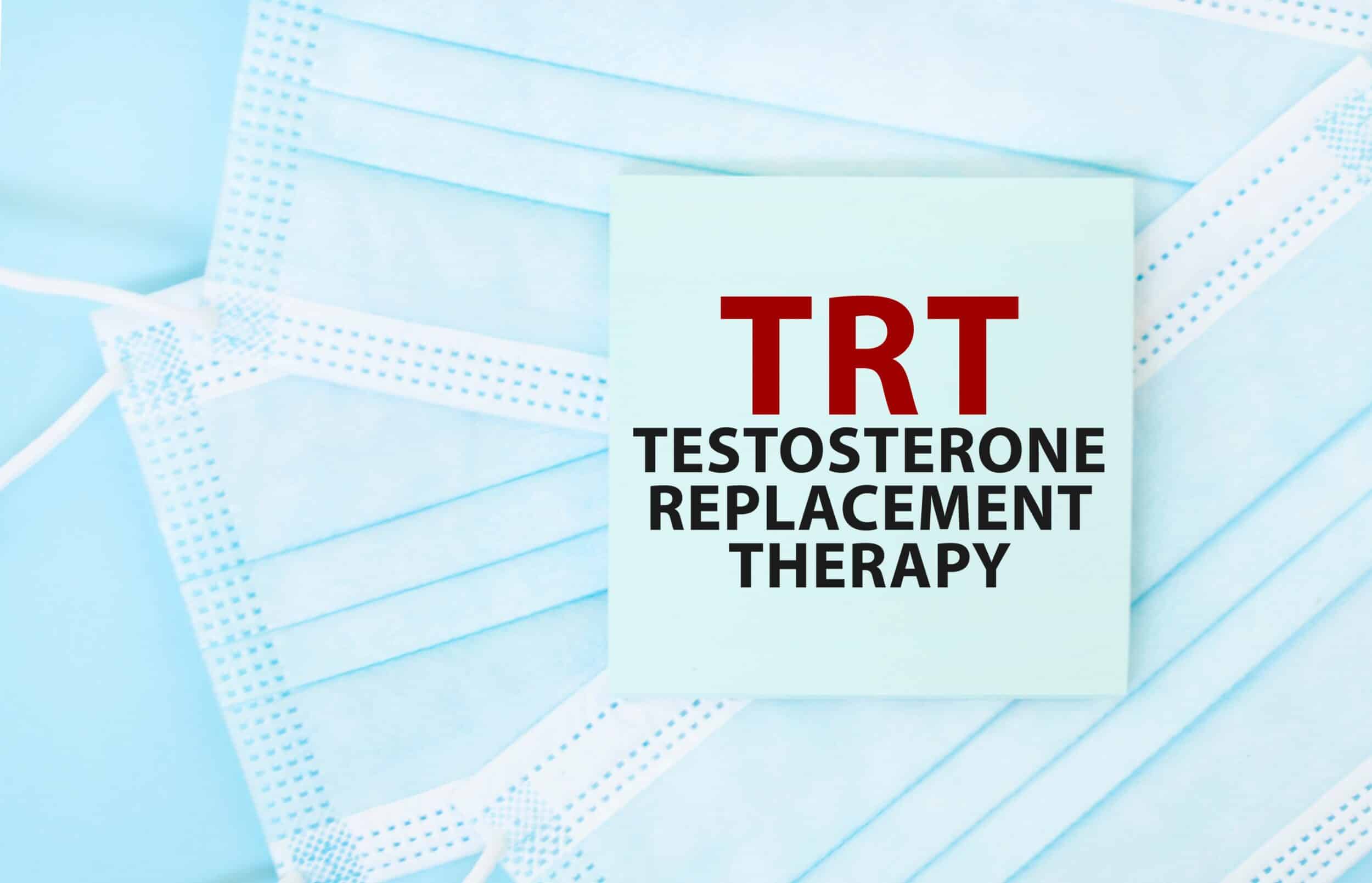 "Testosterone Replacement Therapy" emblazoned on white and blue background