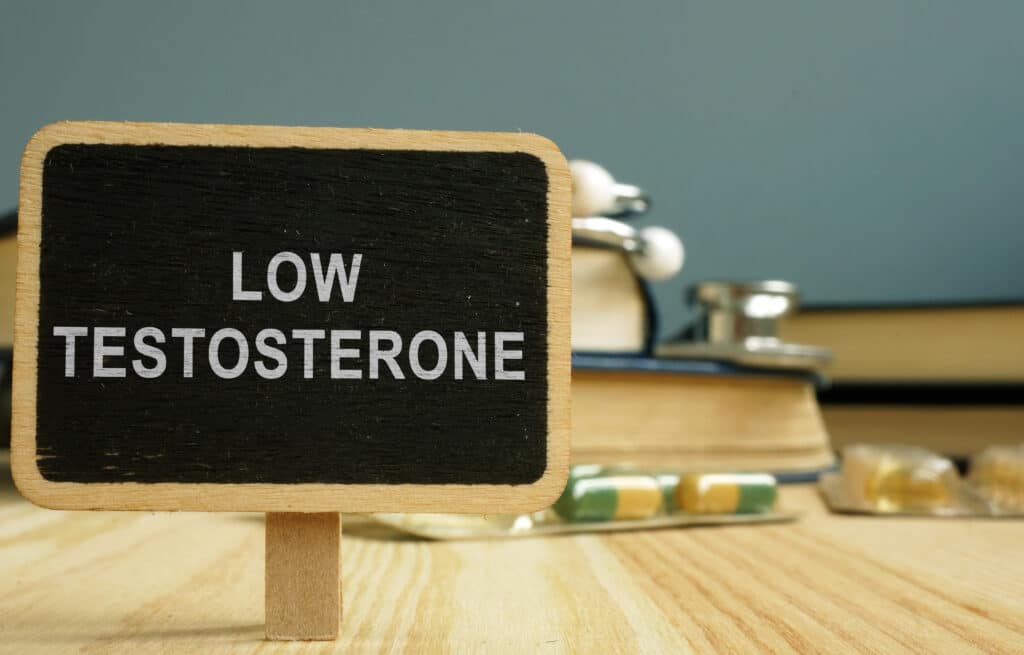 A rectangular black sign saying "Low Testosterone"